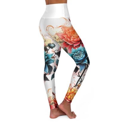 Mandala Flowers - orange blue red yellow - High Waisted Yoga Leggings